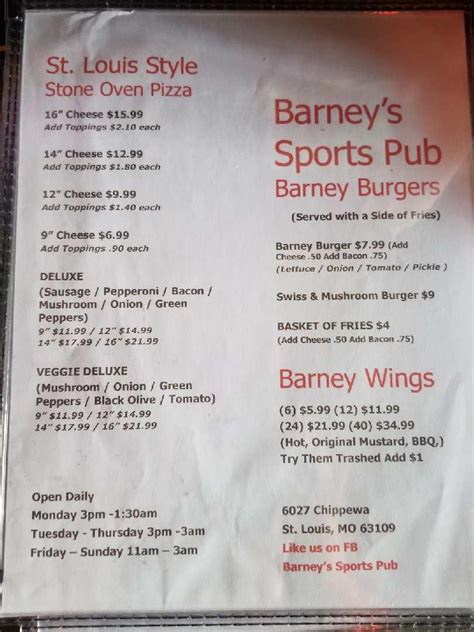 Menus for Barney's Sports Pub .